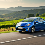 **

A sleek, modern Toyota Prius driving through a picturesque French countryside, emphasizing its hybrid technology and fuel efficiency. The background should feature rolling hills and vineyards, with a focus on the car's quiet elegance and non-extravagant design. Capture the reliability and innovative nature of the Toyota brand in a relatable, everyday setting.

**