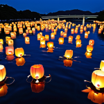 **Image Prompt: "Toro Nagashi" Poetic Farewell**
    A breathtaking twilight scene during the Obon festival in Japan. Thousands of illuminated paper lanterns, each with a flickering candle, float gently down a tranquil river, their soft glow reflecting on the water's surface. Silhouettes of people stand reverently on the riverbanks, watching the lanterns drift away. In the distance, a few small "mukaebi" welcoming fires cast a warm, mystical light, guiding the ancestral spirits. The atmosphere is deeply serene, poignant, and full of peaceful reverence, symbolizing the gentle return of spirits to the afterlife.