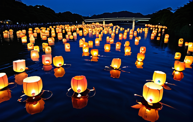 **Image Prompt: "Toro Nagashi" Poetic Farewell**
A breathtaking twilight scene during the Obon festival in Japan. Thousands of illuminated paper lanterns, each with a flickering candle, float gently down a tranquil river, their soft glow reflecting on the water's surface. Silhouettes of people stand reverently on the riverbanks, watching the lanterns drift away. In the distance, a few small "mukaebi" welcoming fires cast a warm, mystical light, guiding the ancestral spirits. The atmosphere is deeply serene, poignant, and full of peaceful reverence, symbolizing the gentle return of spirits to the afterlife.