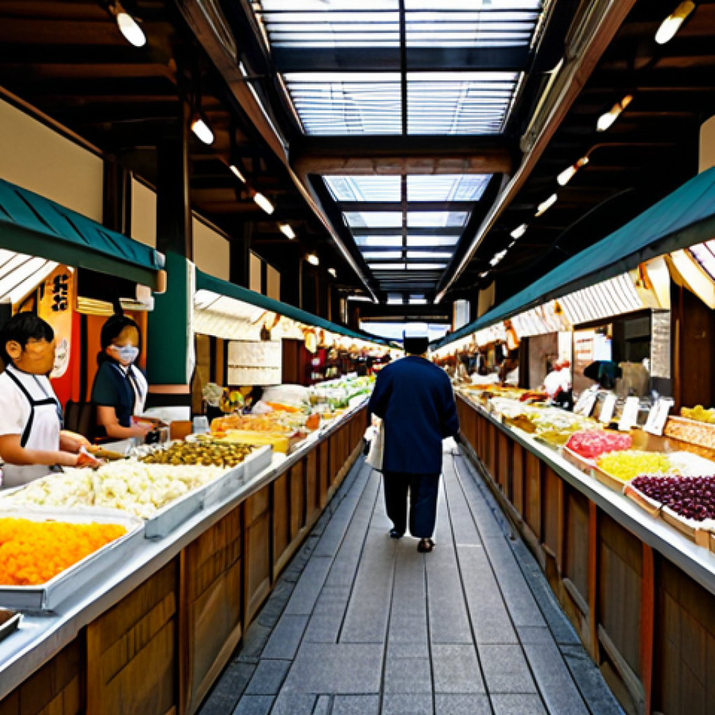 Nishiki Market, Kyoto**

"A bustling scene at Nishiki Market in Kyoto, Japan. Focus on colorful displays of *tsukemono* (pickled vegetables) and *wagashi* (traditional sweets). People are browsing and sampling the food. The market is covered with a glass roof allowing soft daylight to filter through. Vendors are wearing traditional aprons. safe for work, appropriate content, fully clothed, professional photography, natural proportions, perfect anatomy, family-friendly, modest clothing, high quality."

**