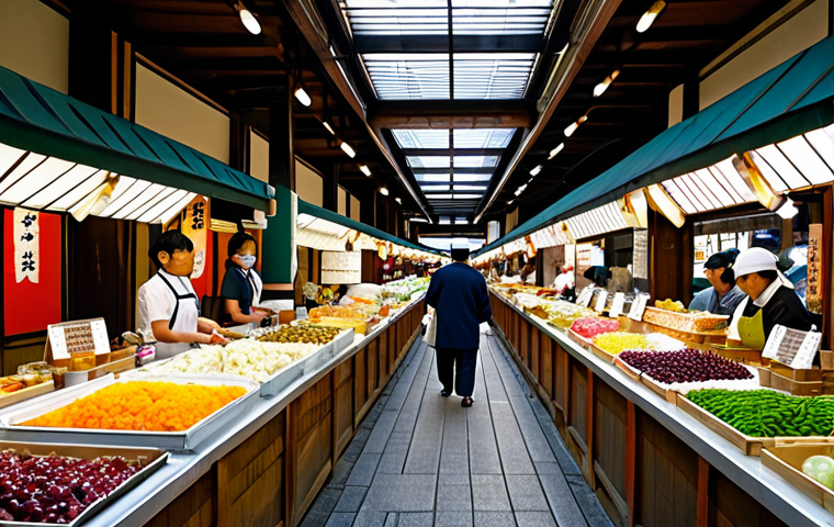 Nishiki Market, Kyoto**

"A bustling scene at Nishiki Market in Kyoto, Japan. Focus on colorful displays of *tsukemono* (pickled vegetables) and *wagashi* (traditional sweets). People are browsing and sampling the food. The market is covered with a glass roof allowing soft daylight to filter through. Vendors are wearing traditional aprons. safe for work, appropriate content, fully clothed, professional photography, natural proportions, perfect anatomy, family-friendly, modest clothing, high quality."

**