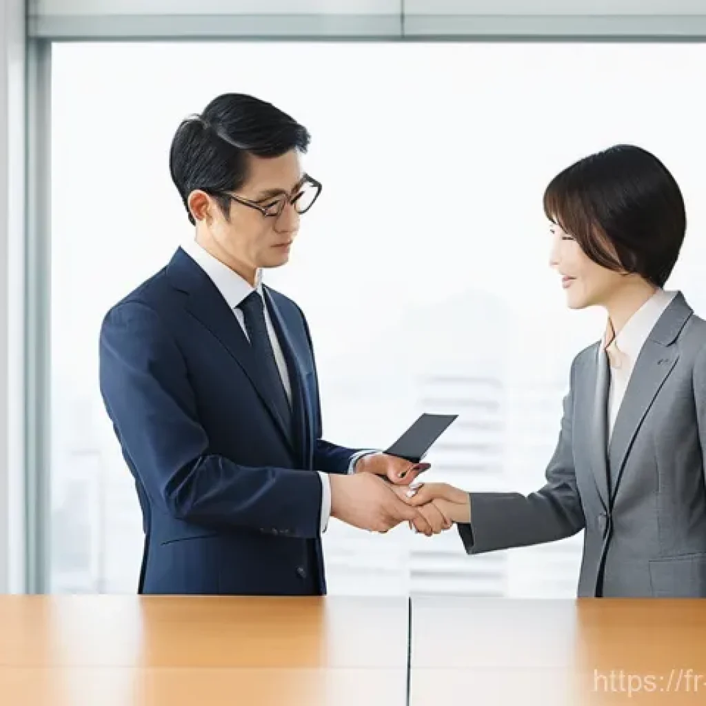 일본어 존댓말 사용법 - **Prompt:** A professional Japanese business setting. Two impeccably dressed adult business people, ...