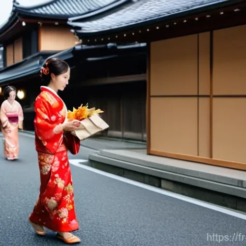 일본 민족성과 사회 구조 - **Prompt 1: Respect and Modern-Traditional Fusion**
    "A bustling yet serene street scene in Kyoto...