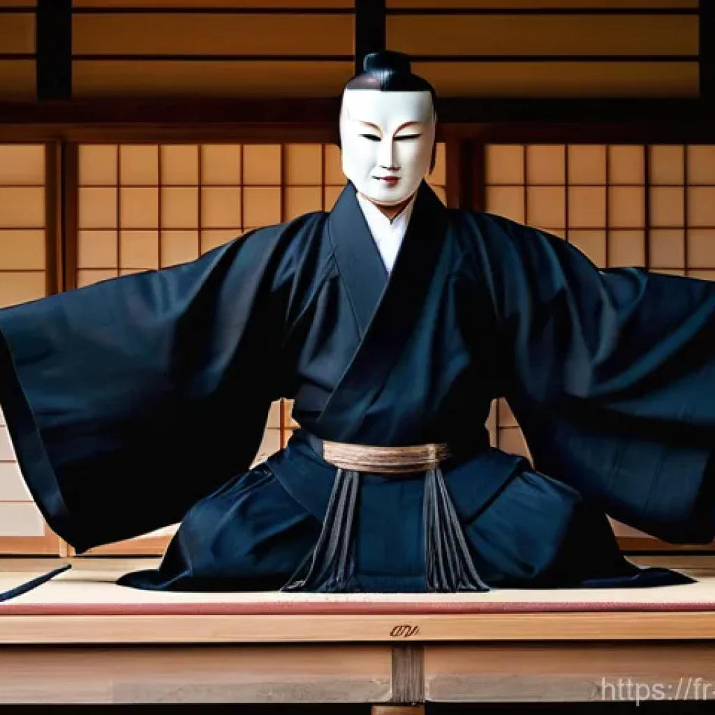 일본 전통 연극 노와 가부키 - A breathtaking full shot of a single Noh actor on a minimalist, polished wooden stage, featuring a s...