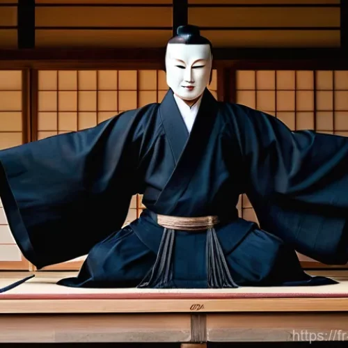 일본 전통 연극 노와 가부키 - A breathtaking full shot of a single Noh actor on a minimalist, polished wooden stage, featuring a s...