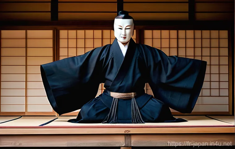 일본 전통 연극 노와 가부키 - A breathtaking full shot of a single Noh actor on a minimalist, polished wooden stage, featuring a s...