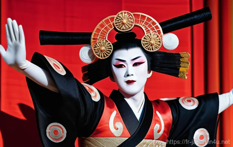 일본 전통 연극 노와 가부키 - A breathtaking full shot of a single Noh actor on a minimalist, polished wooden stage, featuring a s...