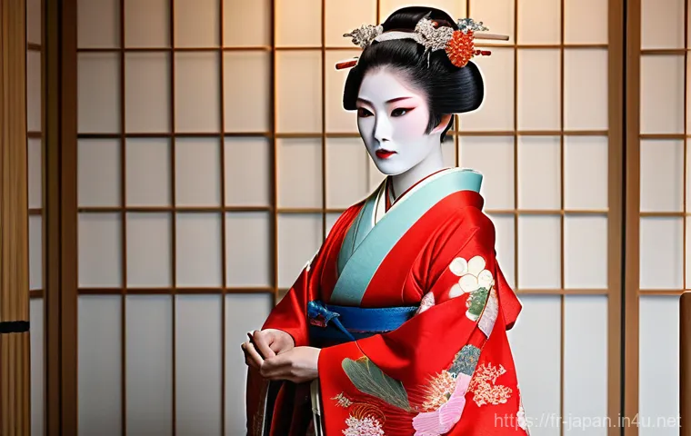 일본 전통 연극 노와 가부키 - A vibrant, dynamic full shot of a Kabuki actor in mid-performance, center stage, with an energetic e...