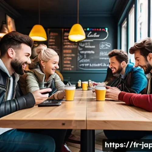 일본 게이밍 업계 분석 - **A group of young friends playing a casual, colorful mobile game tournament in a brightly lit Paris...