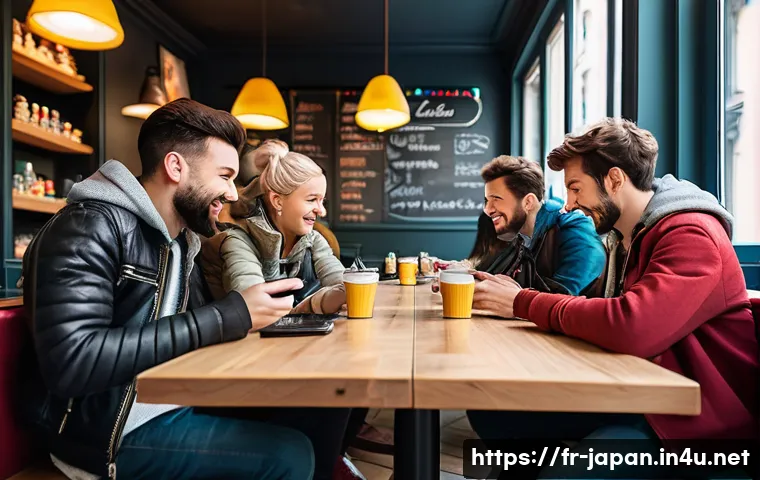 일본 게이밍 업계 분석 - **A group of young friends playing a casual, colorful mobile game tournament in a brightly lit Paris...