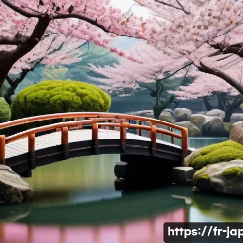 Home 31 일본어 관용구와 속담 - A serene Japanese garden scene during cherry blossom season, featuring a traditional wooden bridge a...