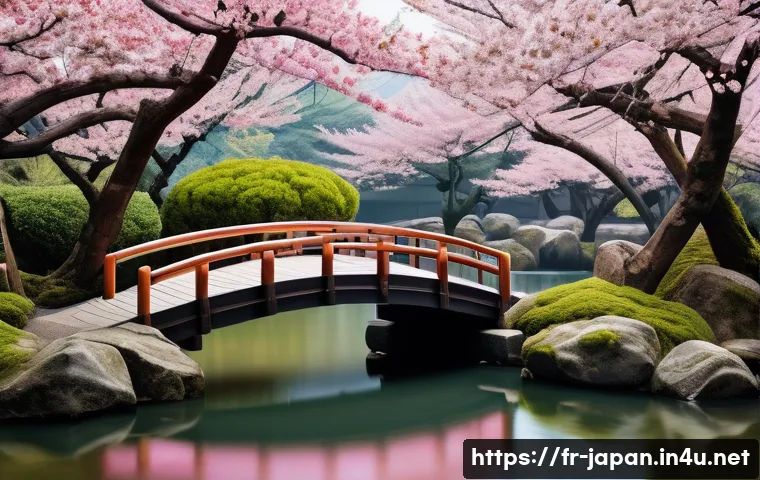 일본어 관용구와 속담 - A serene Japanese garden scene during cherry blossom season, featuring a traditional wooden bridge a...