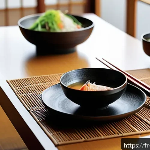Home 30 일본 사회의 장수 비결 - A serene Japanese dining scene showcasing a traditional meal centered on simplicity and freshness: a...