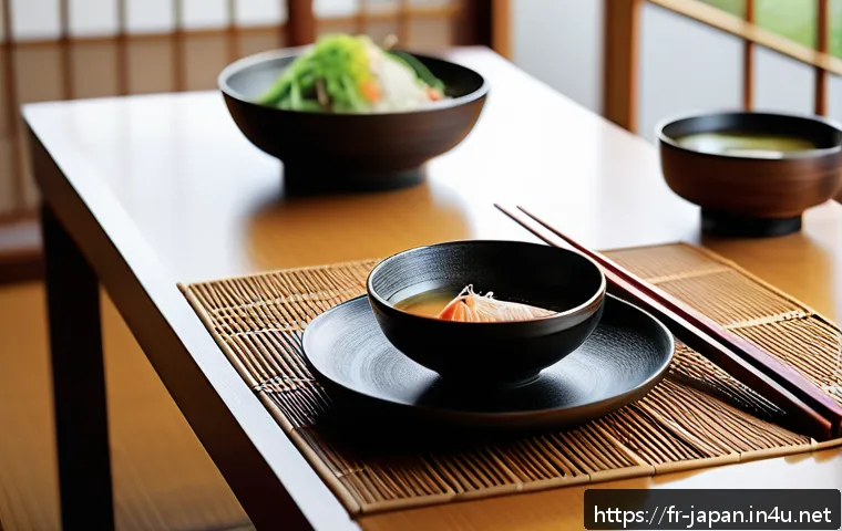 일본 사회의 장수 비결 - A serene Japanese dining scene showcasing a traditional meal centered on simplicity and freshness: a...