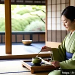 Home 23 일본 음식 문화와 예절 - A serene Japanese tea ceremony setting in a traditional tatami room, featuring a person dressed in m...