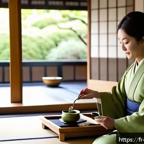 Home 17 일본 음식 문화와 예절 - A serene Japanese tea ceremony setting in a traditional tatami room, featuring a person dressed in m...