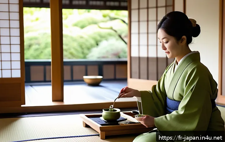 일본 음식 문화와 예절 - A serene Japanese tea ceremony setting in a traditional tatami room, featuring a person dressed in m...