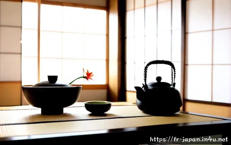 일본 다도 예술 - Photorealistic Japanese tea ceremony in a serene Kyoto-style tatami room, elegant ceramic tea bowl, ...